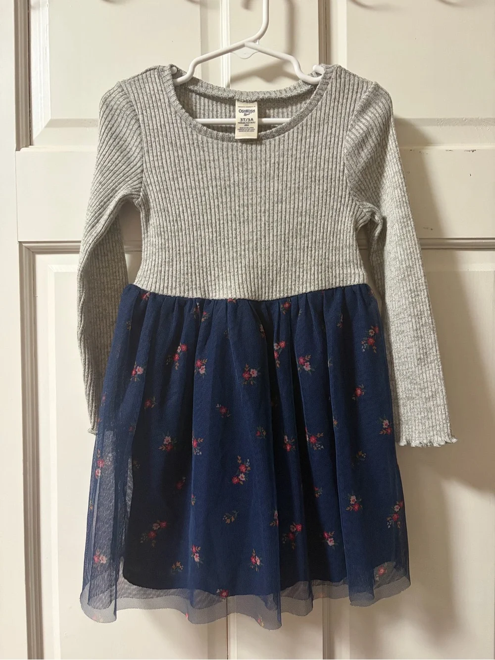 OshKosh B'gosh Gray Knit Top with Navy Floral Tulle Skirt Girls Dress